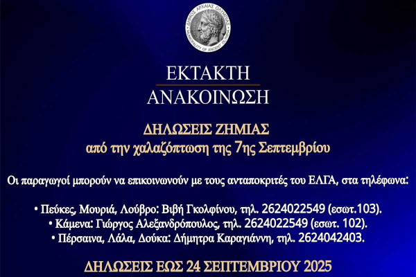 Έναρξη υποβολής δηλώσεων ζημίας από τη χαλαζόπτωση που έπληξε κοινότητες του Δήμου Αρχ. Ολυμπίας